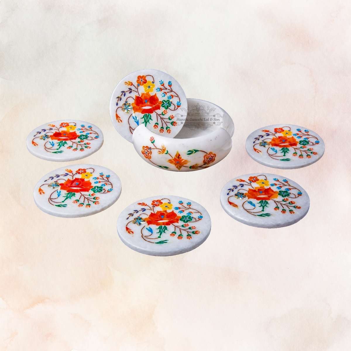 Orange and Yellow Flower Carved Design Marble Coaster